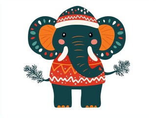 Obraz premium Festive elephant calf, Christmas scarf, isolated on white, flat design illustration