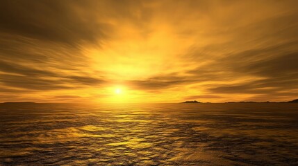 Fototapeta premium A vibrant sunset over a calm body of water. The sky is ablaze with golden hues, reflecting off the water.
