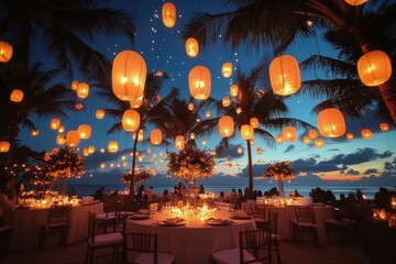 Elegant beachside dinner under glowing lanterns at sunset with palm trees and ocean view