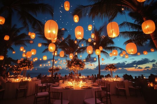 Elegant beachside dinner under glowing lanterns at sunset with palm trees and ocean view