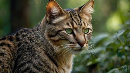 Fototapeta premium A close-up portrait of a wild cat, showcasing its intense ai