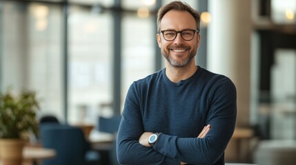 Obraz premium Man wearing a blue sweater and glasses is smiling