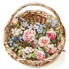 Watercolor painting of a basket of flower flowers, isolated on a white background, and flower vector