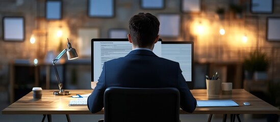 Office setting: a businessman working on a computer survey.