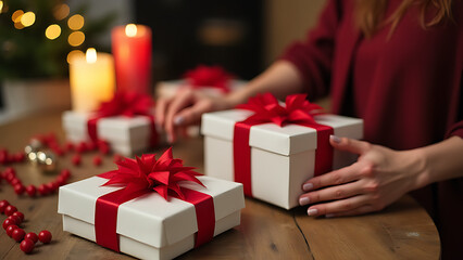 A lady wraps Christmas gift boxes on the table for party guests to take home.