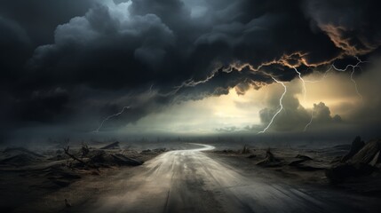 Fototapeta premium Desolate road disappearing into heavy storm clouds