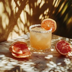 Refreshing grapefruit cocktail served on a marble surface with sliced fruit in soft sunlight