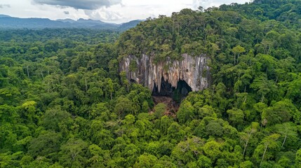 An aerial view of a large cave entrance nestled within a lush, green jungle, with distant mountains in the background.