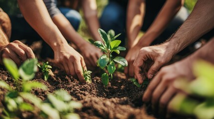 Diverse group of people planting trees together, promoting reforestation