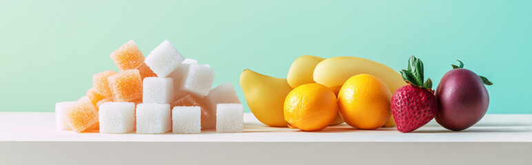 Stack of sugar cubes with different fruits on colorful background, concept of fructose harm for health