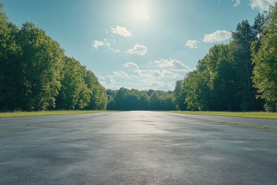 A clear sunny day illuminates a serene empty parking lot surrounded by lush trees