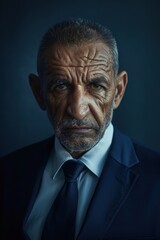 Fototapeta premium Portrait of a Mature Businessman in Navy Suit with Monotone Blue Background
