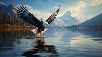 Obraz premium Eagle soaring near water, wingtips almost touching the surface, creating a dynamic scene