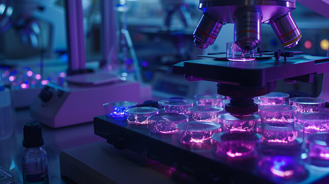 Fluorescent microscope inspecting petri dishes with vibrant lighting in a modern laboratory, showcasing scientific research and advanced technology applications