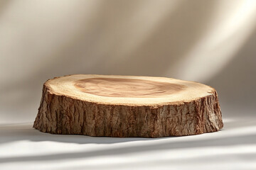 A natural wooden log podium cut from a tree trunk. Organic backdrop for product display on beige background