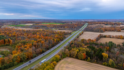 Aerial photo of the fall foliage surrounding the New York State Thruway in the Town of Tyre, Seneca...
