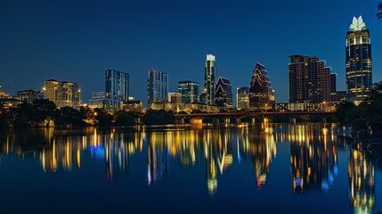Fototapeta premium Evening panorama of Austin skyline with illuminated buildings