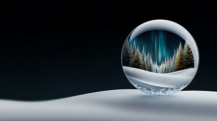 Crystal magic orb with snowy fir trees and aurora, winter scenery, elegant decoration