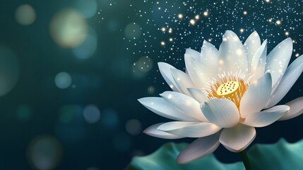 Glistening white lotus flower, isolated on a dark green background, with gentle, cascading drops of dew