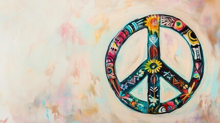Hand-painted peace sign with tribal designs, isolated on a neutral background, with pastel accents around it
