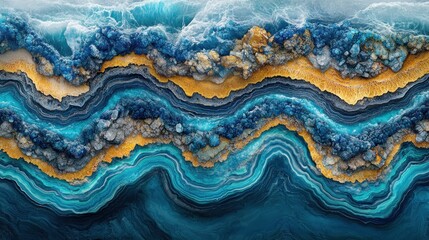 Fototapeta premium Abstract blue and gold agate with wavy patterns and crystal inclusions.