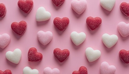 Obraz premium Colorful heart-shaped candies arranged on a pink background for a festive celebration or romantic occasion