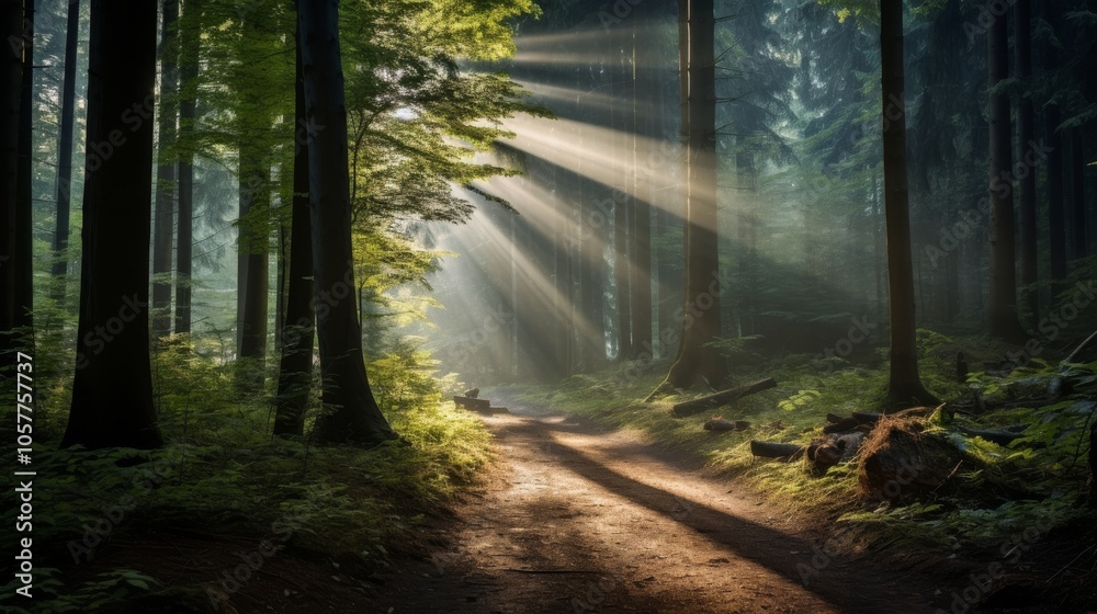 Poster forest path with sunlight breaking through the canopy, illuminating the trail