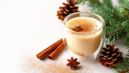 Eggnog with Christmas spices decoration on a light festive background