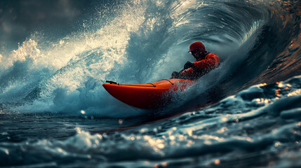 Fototapeta premium A kayaker skillfully navigates a powerful wave in the ocean at sunset. Generative AI