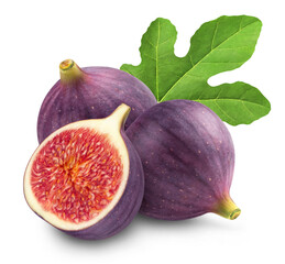 Ripe fig and half of fig with leaf isolated on transparent background