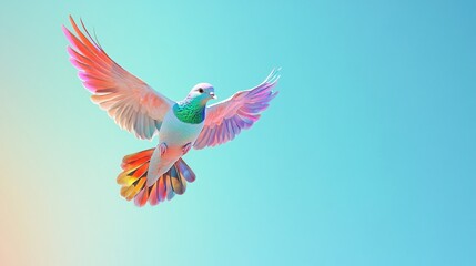 Fototapeta premium Rainbow-colored dove in mid-flight, isolated on a clear blue background, surrounded by faint clouds and light