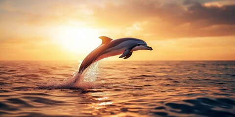 Fototapeta premium A Dolphin Leaps Towards the Setting Sun, a Burst of Golden Light Reflecting off the Water