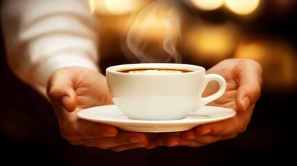 A Steaming Cup of Coffee Held in Hands, Capturing the Warmth and Comfort of a Simple Pleasure
