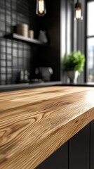 Beautiful wooden tabletop with blurred modern kitchen background, neutral palette 