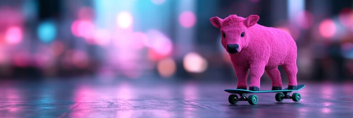 Bison on skateboard in neon cityscape; vibrant, electric color palette 