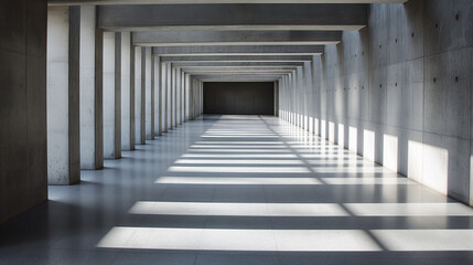 Fototapeta premium Bright Modern Concrete Hallway with Sunlight and Strong Shadows. Abstract background. Generative AI