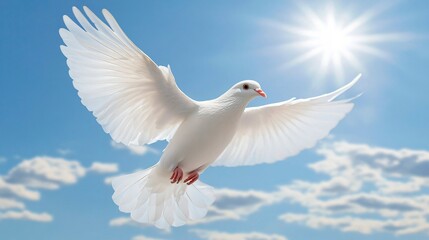 White dove in mid-flight, isolated on a clear blue sky background, with softly blurred clouds and sunlight
