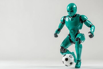 Fototapeta premium Dynamic robot dribbles soccer ball; advanced design, agility Use vivid colors 