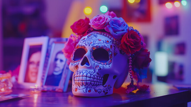 A decorative calavera (skull) adorned with flowers and beads placed on a table surrounded by photos of loved ones