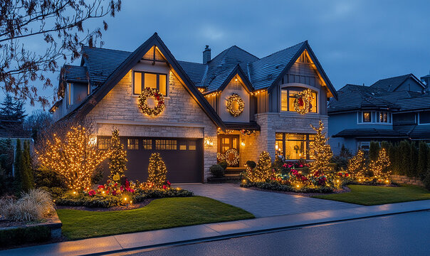 A beautiful home decorated for Christmas with lights