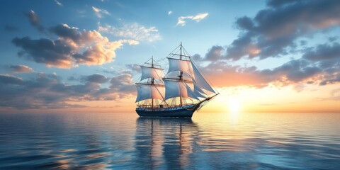 Fototapeta premium Sailing into the Sunset A Solitary Ship Navigates Calm Waters Under a Golden Sky