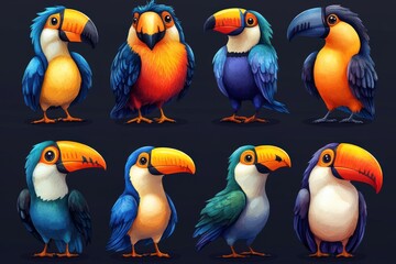 A colorful illustration of various cartoon-style toucans in different poses and colors.