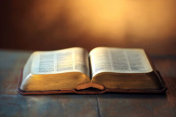 Obraz premium A close-up of the Holy Bible on a wooden table, open to a highlighted verse with a soft beam of light illuminating the pages.