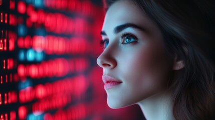 Caucasian woman observes digital social media interfaces; use neon palette 