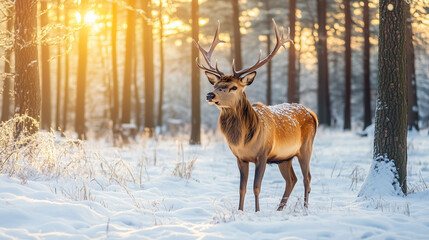 Majestic deer with antlers standing in a snowy winter forest at sunrise with warm sunlight through trees