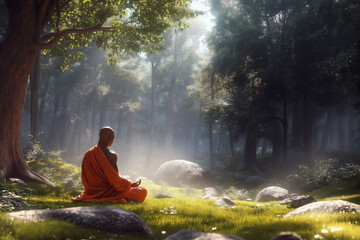 Obraz premium A peaceful monk meditating in a tranquil forest, surrounded by the beauty of nature.