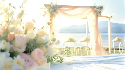 Romantic outdoor wedding venue with floral decoration by the lake at sunset.