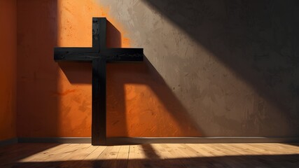 Black wooden cross in praying room, Christian church interior with orange color. with light coming...