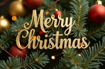 Merry Christmas Greeting Card on Green Background, New Year Greeting