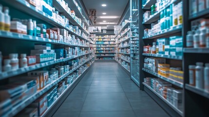 Pharmacy Aisle with Medicines and Health Products